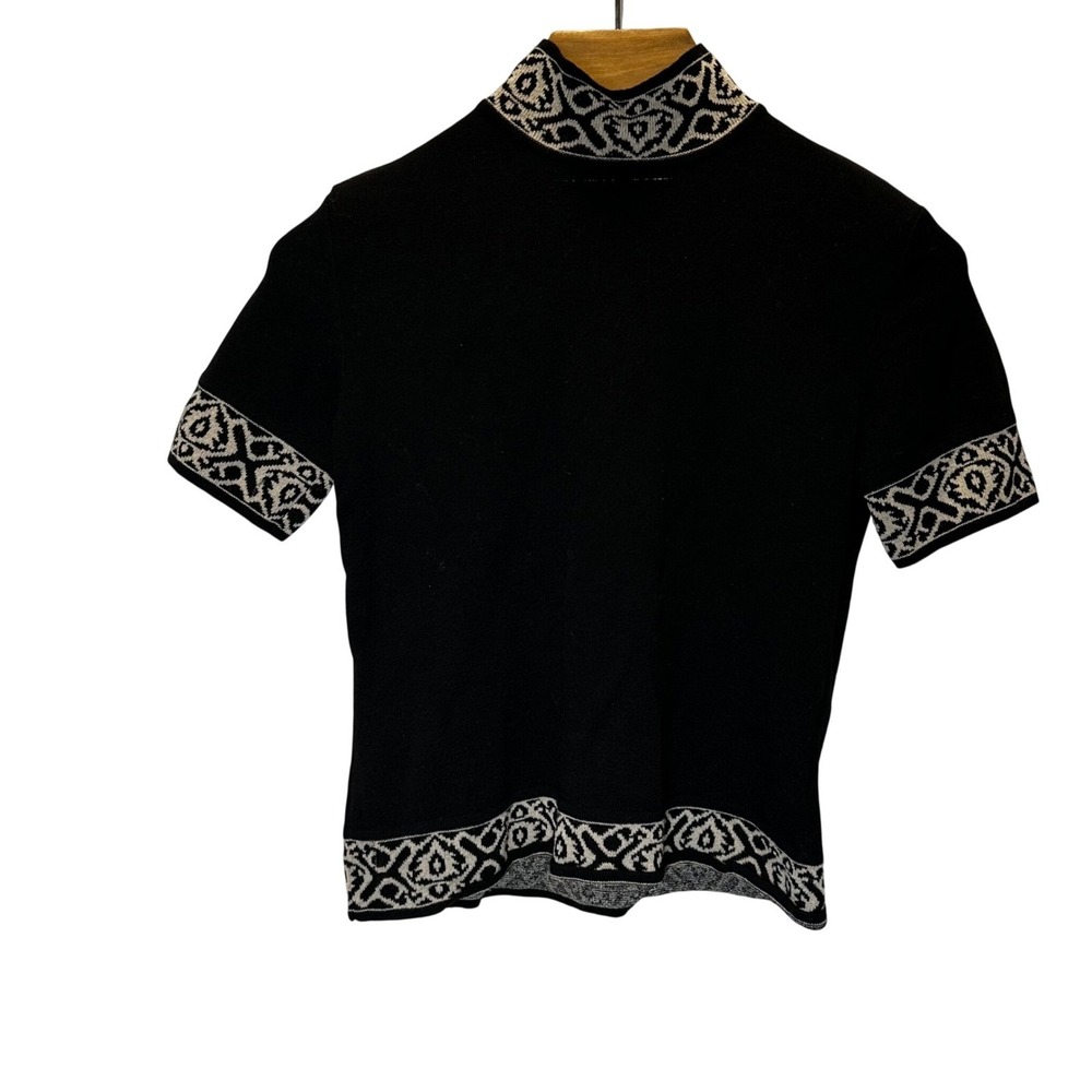 Black Mock‎ Neck 100% Merino Wool Sweater Geometric Abstract Trim Women Size M